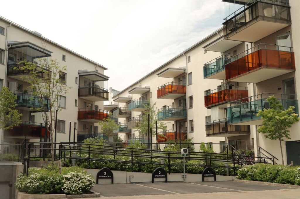 Contemporary apartment buildings with colorful balconies in Jönköping, Sweden.