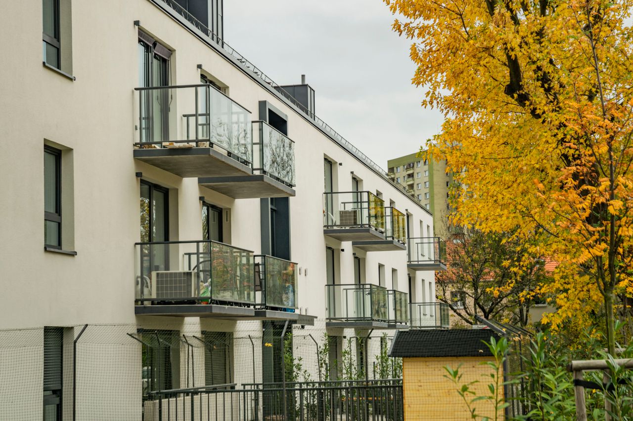 Contemporary apartment building with balconies and autumn leaves enhancing the urban scenery.